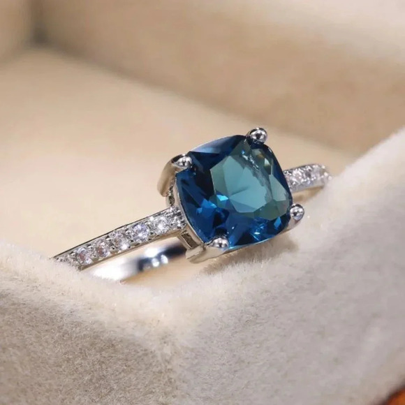 White Gold Diamond Blue Tanzanite Cushion Cut Ring - Picture 2 of 4